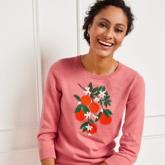 NWT Talbots Pink Sweater Bold Oranges Crewneck Pullover Sz Large Peach Stawberry - Picture 1 of 6